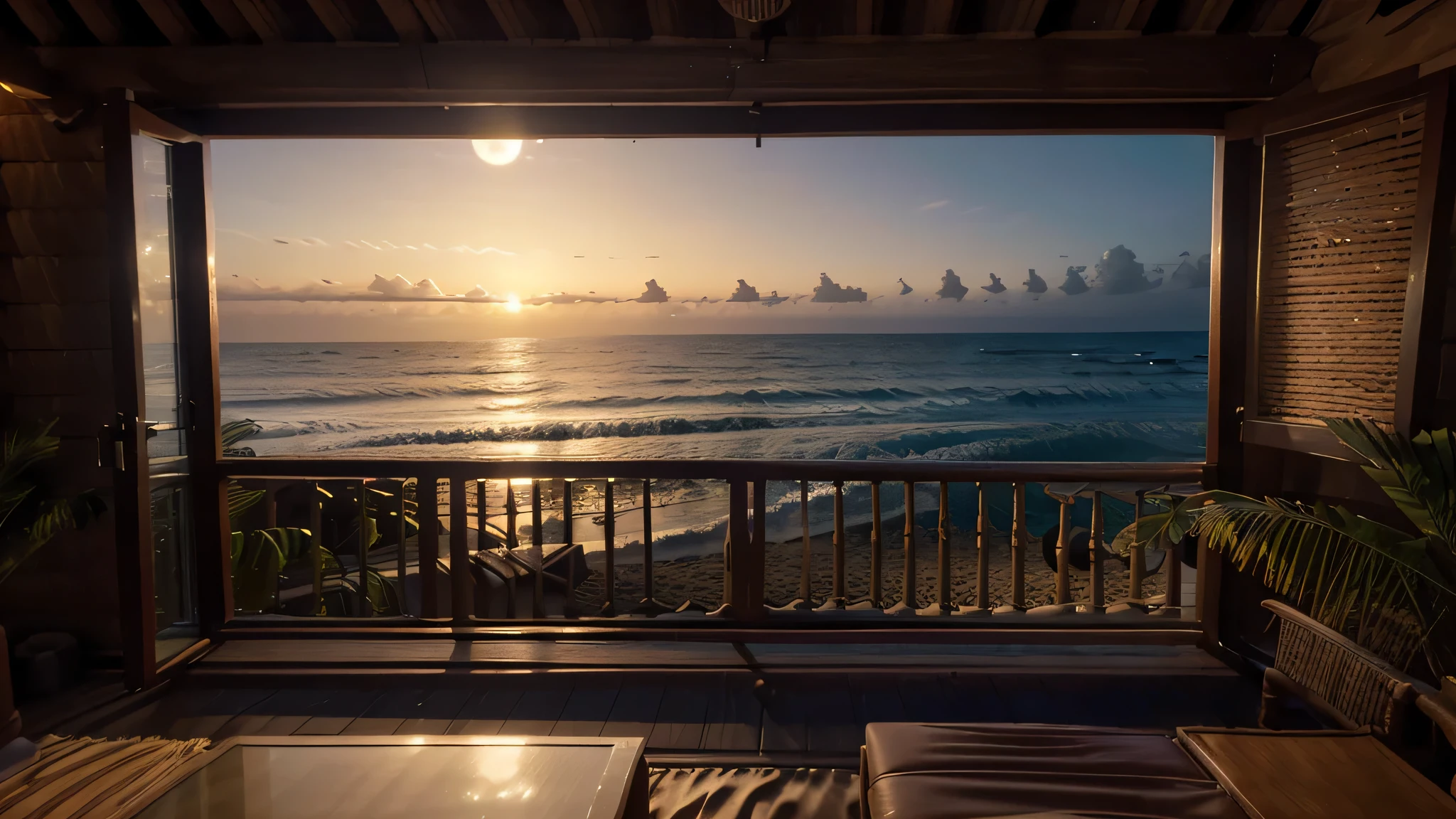 (best quality,4k,cinematic lighting,depth of field,backlighting:1.1),large nipa hut window looking out to the ocean with sands and waves, night view, full-moon, ultra-detailed, anatomically correct, Fujicolor, vibrant colors, realistic, soft light, tranquil atmosphere, relaxing vibes, beach landscape, warm tones.