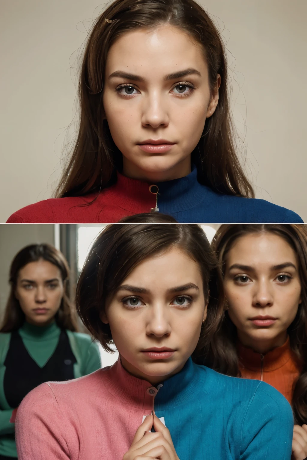 A woman holding bills and looking worried, next to the same woman with a thought bubble and next to a third and the same woman in a victory pose.
(pensive, concerned expression, detailed face and eyes, expressive emotions),(medium:illustration),(matching outfits,worried body language),(balanced composition,sharp focus),(vivid colors,happy and warm color palette),(natural lighting)