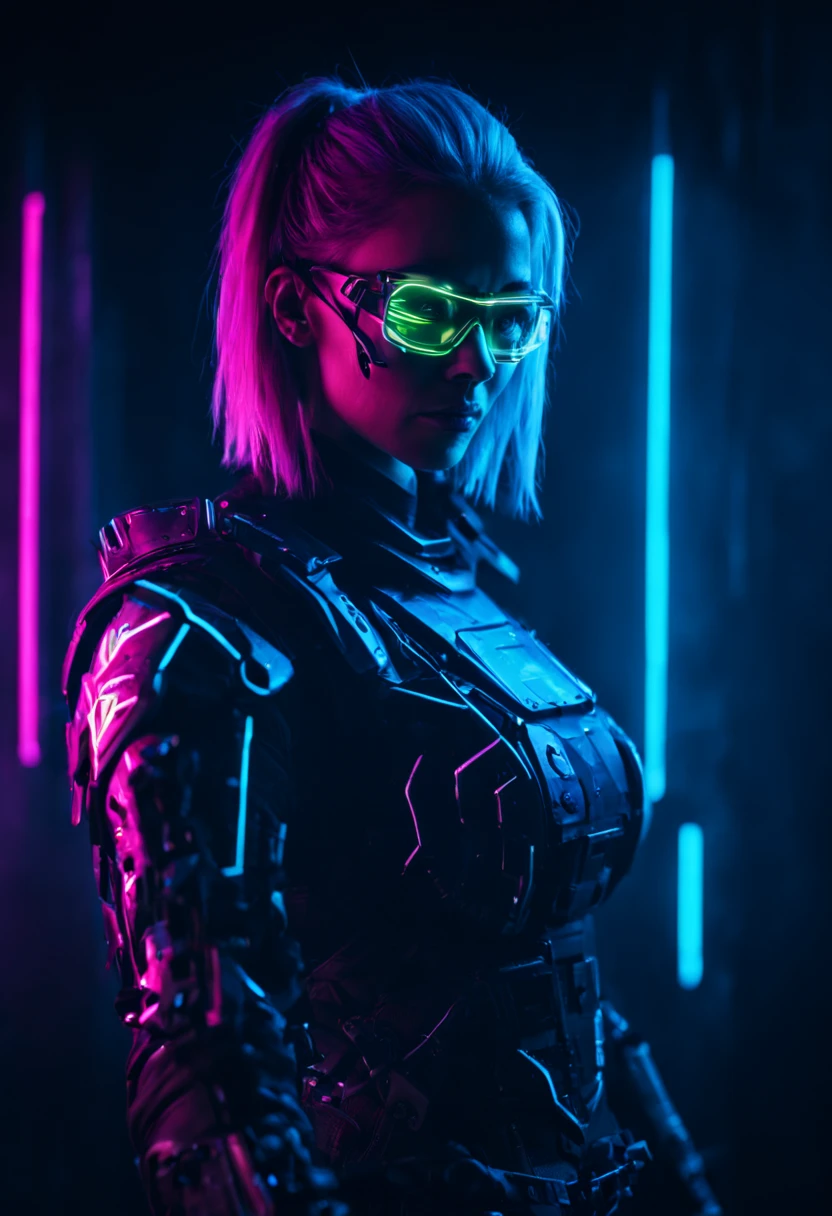 nahaufname einer frau mit einem schwert vor dunklem hintergrund, Cyberpunk, Neonfarben, Polarlichter, Neon armor, HQ 4K, leich bekleidet