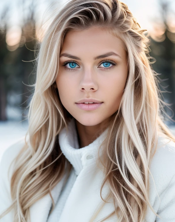 a model that are on a winter peisage, full corpes, dressed in winter sky chlothes, professional, (4k photo:1.1) (Sharp focus:1.3), high detail, beautiful detailed face, green eyes, long blonde hair, (attractive young woman:1.3), (seductive:1.1), (blushing:1.1), one girl, winter mood,
