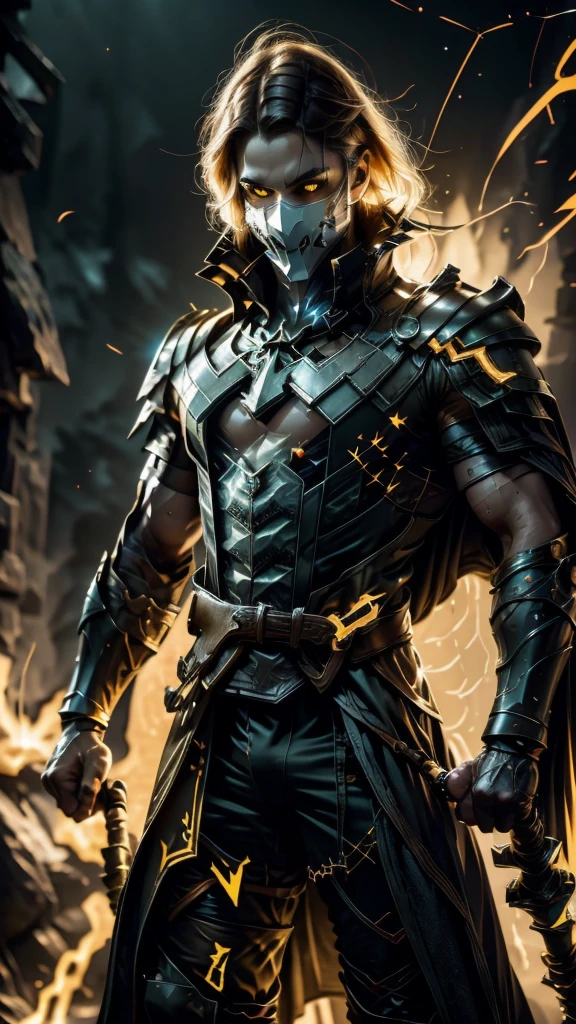 Stone creature and white mask covering the entire surface of the face and glowing yellow eyes and illuminating arcane male shoulder armor and cape and fists on fire and serious pose and closed fists and crystal details on the armor and black background with color Norse symbols yellow shining and illuminating the entire environment 