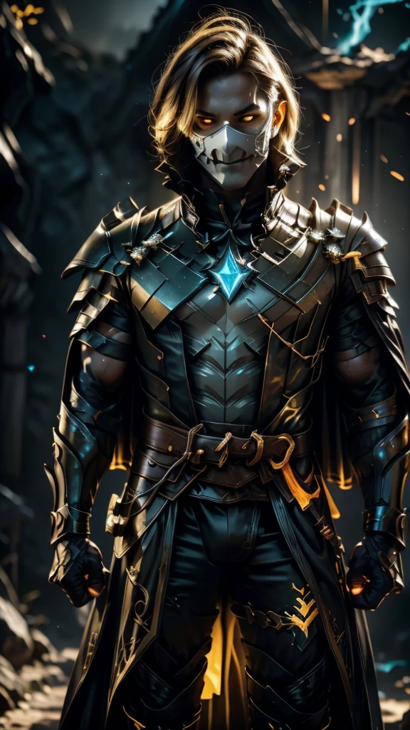 Stone creature and white mask covering the entire surface of the face and glowing yellow eyes and illuminating arcane male shoulder armor and cape and fists on fire and serious pose and closed fists and crystal details on the armor and black background with color Norse symbols yellow shining and illuminating the entire environment 