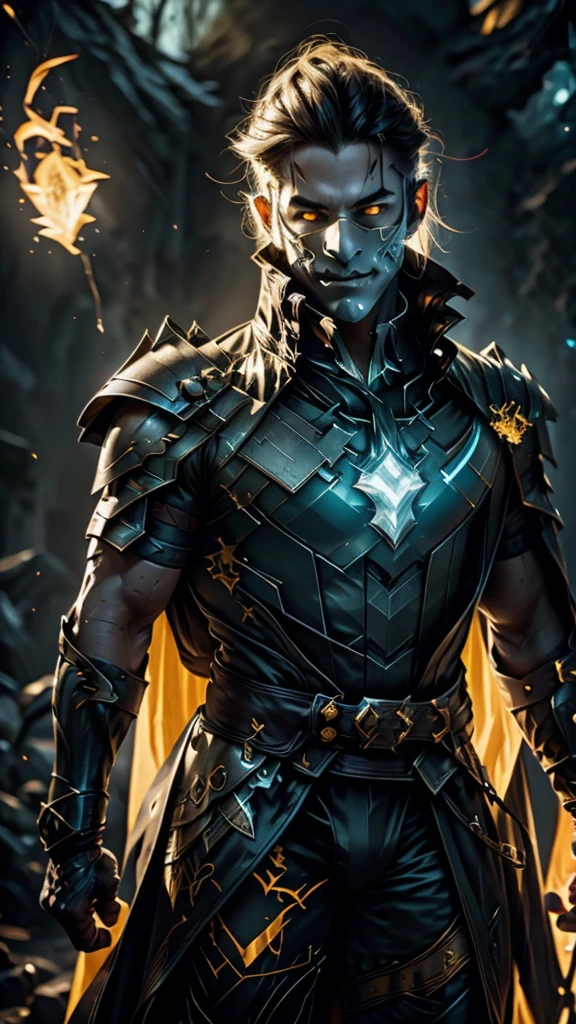 Stone creature and white mask covering the entire surface of the face and glowing yellow eyes and illuminating arcane male shoulder armor and cape and fists on fire and serious pose and closed fists and crystal details on the armor and black background with color Norse symbols yellow shining and illuminating the entire environment 