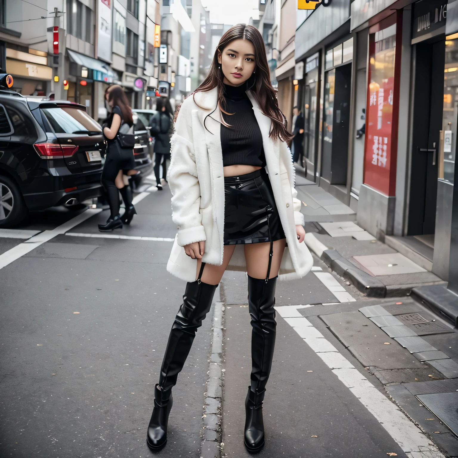 A woman in a white top and black boots stands on the street, Chinesisches weibliches Model, white fluffy clothes, kurzer Rock und lange Jacke, Japanese city street fashion, schwarz rosa Rosan Park, She wears streetwear, Japanese street fashion, Tokio-Mode, Street dress woman in jacket and skirt, Straßenmode, Harajuku street fashion, Beautiful woman, that runs in the wind, schwarze Handschuhe, rote Overknee-Stiefel, Large, Lange Beine, perfect body proportions, thin waist, black suspender stockings, Large, slim body, nine-headed body, Big eyes, beautiful and exquisite face, perfect body details, perfect body proportions, perfekte optische Proportionen, Modeshooting, glamorous, Feminin, empfindlich, Hervorhebung weiblicher Kurven, Subtext: sexy, zuversichtlich. Chinesin