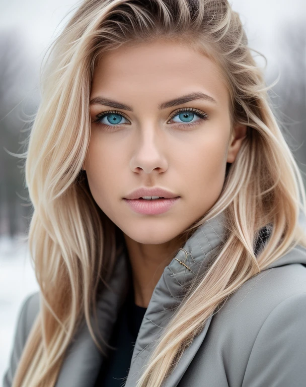 a model that are on a winter peisage, with amazing legs, dressed in winter sky chlothes, professional, (4k photo:1.1) (Sharp focus:1.3), high detail, beautiful detailed face, green eyes, long blonde hair, (attractive young woman:1.3), (seductive:1.1), (blushing:1.1), one girl, winter mood at bucharest
