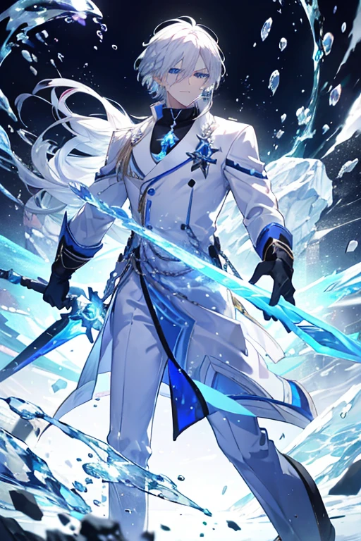 A white haired man with blue eyes is holding an ice blade with ice swirling around him