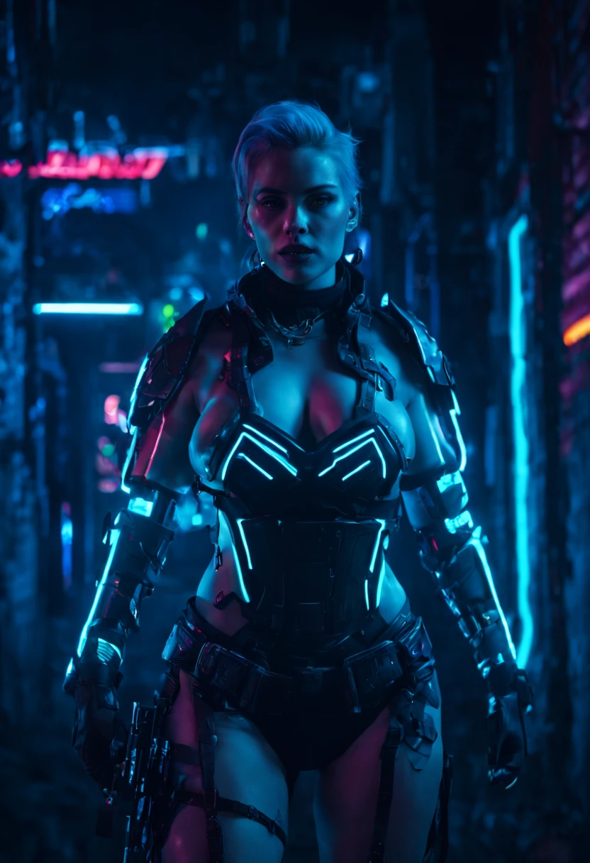 nahaufname einer frau die zur kamera schaut, vor dunklem hintergrund, Cyberpunk, Neonfarben, Polarlichter, Neon armor, HQ 4K, leich bekleidet, wenig kleidung, Breasts