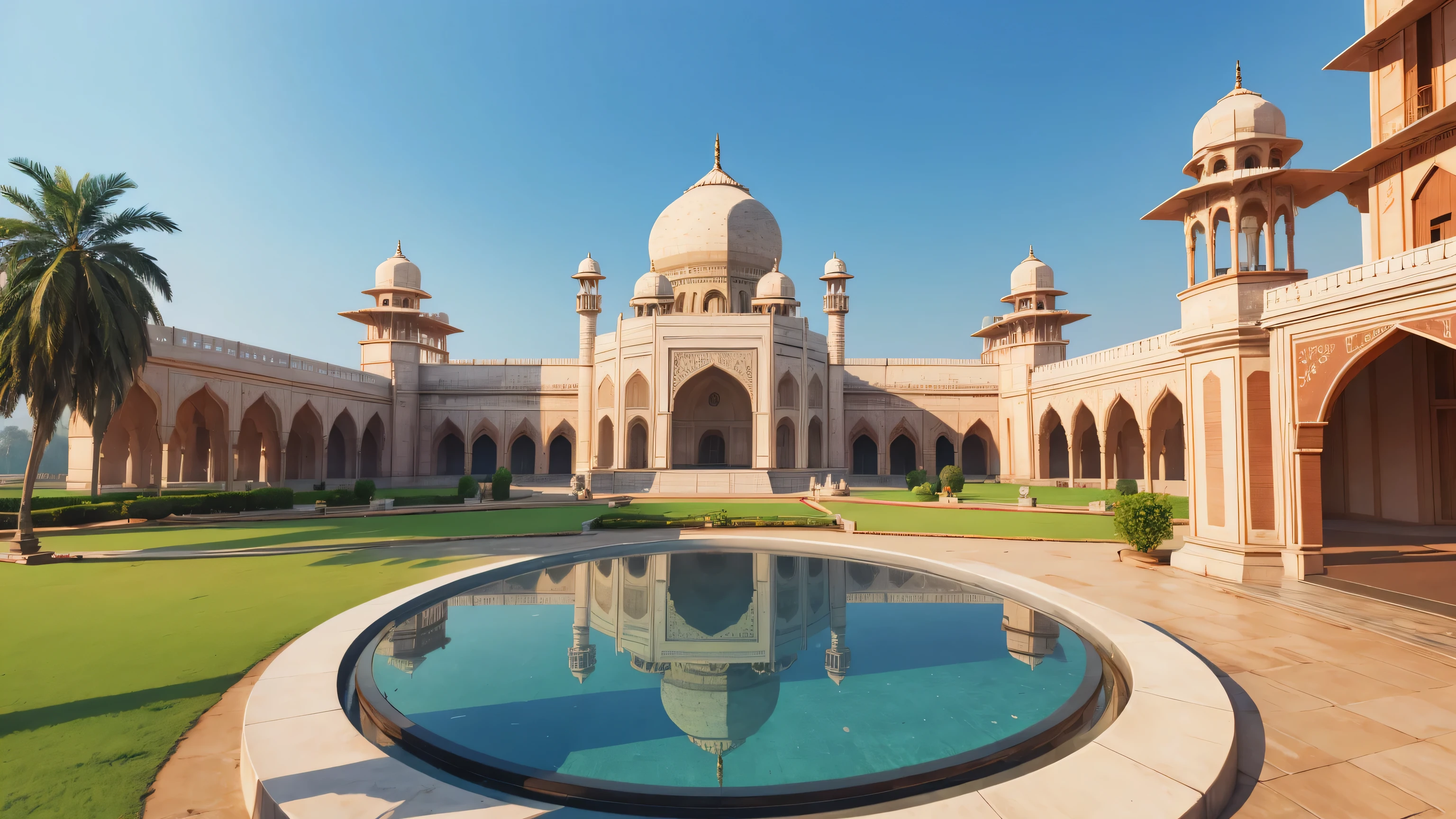 3D realistic famous building of India with the words "INDIA in 3D style and a shiny glass effect written, add a flag, with white background