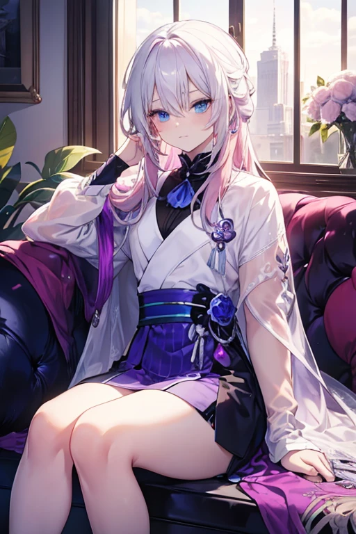 A white haired man with blue eyes is sitting with a pink haired queen with violet eyes
