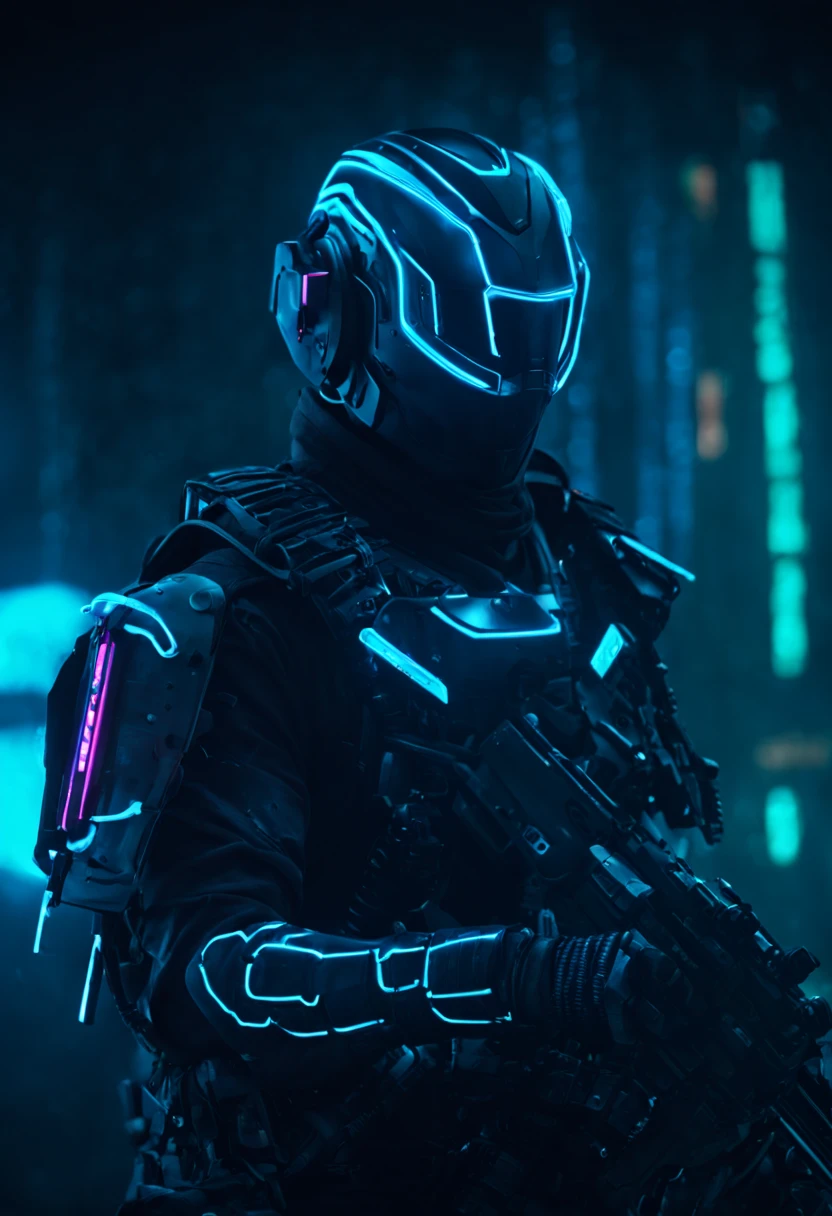 nahaufname eines mannes der zur kamera schaut, vor dunklem hintergrund, Cyberpunk, Neonfarben, Polarlichter, Neon armor, HQ 4K,