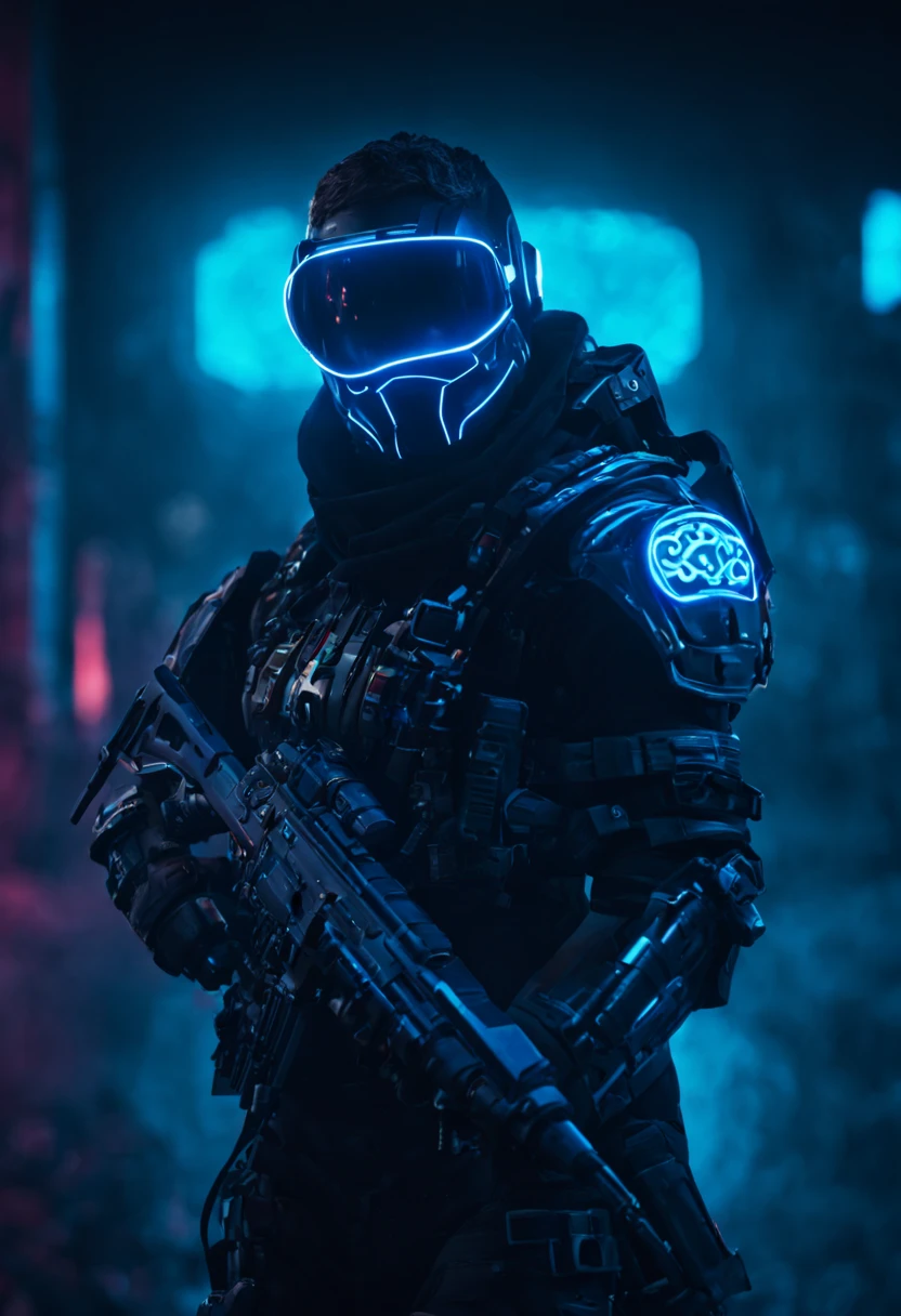 nahaufname eines mannes der zur kamera schaut, vor dunklem hintergrund, Cyberpunk, Neonfarben, Polarlichter, Neon armor, HQ 4K, 