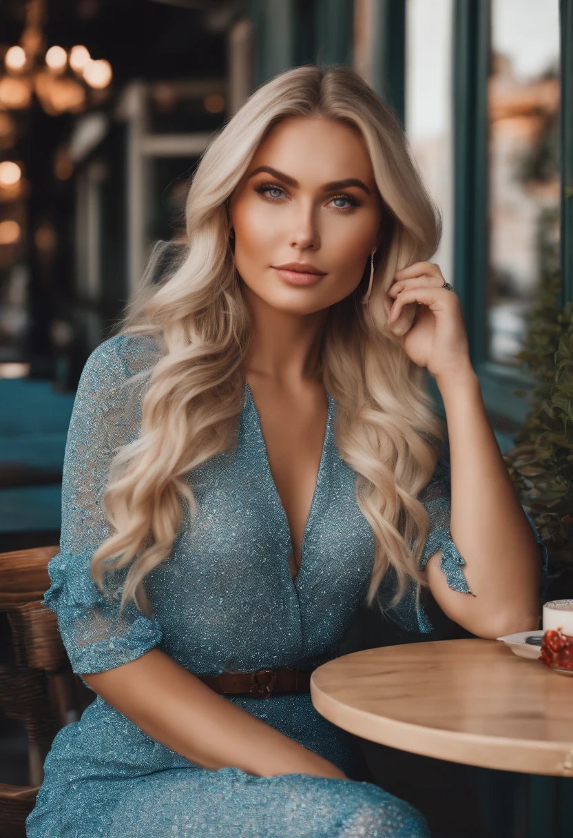 realistic white female instagram influencer, best quality, blonde, 1 girl, blue eyes, businesslike dress, sitting in a cafe outside