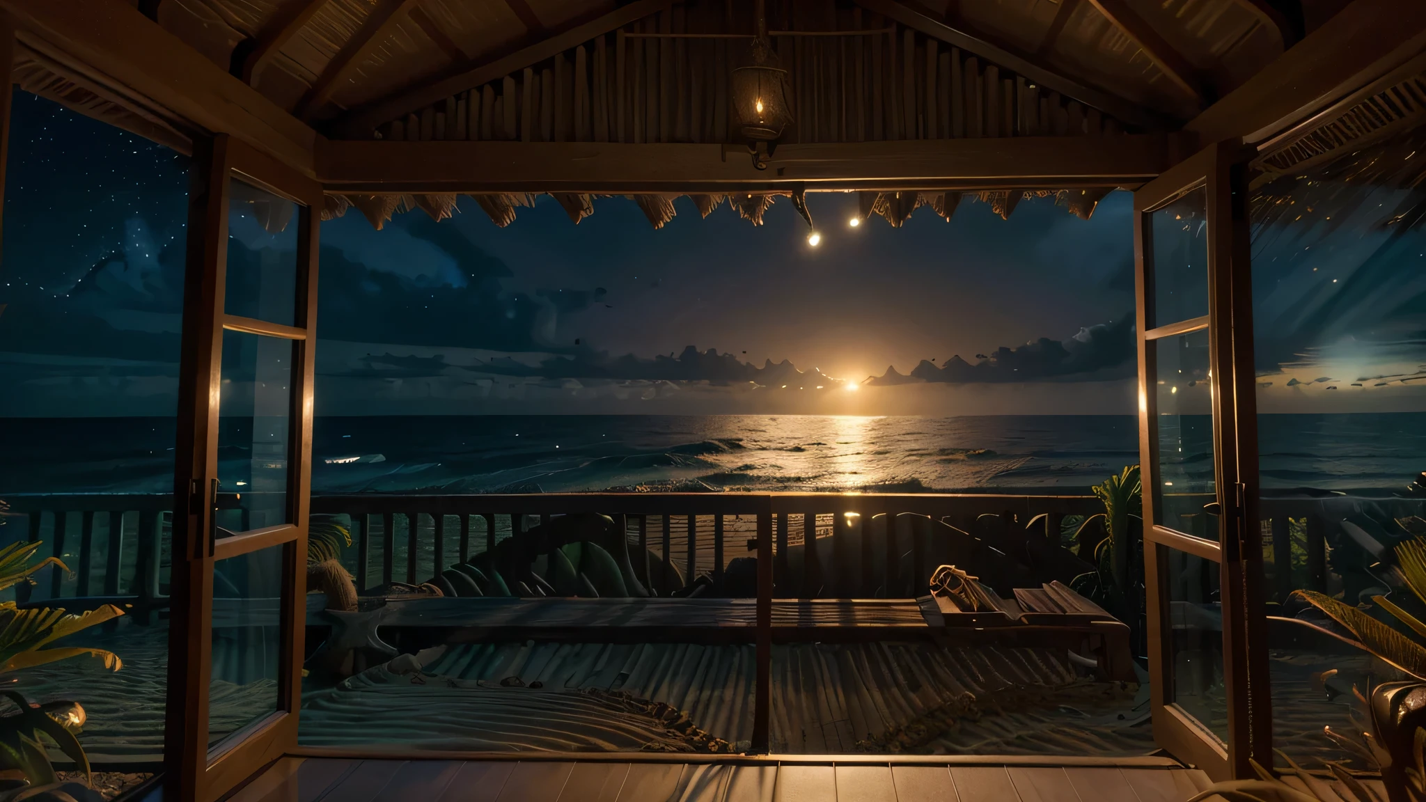 (best quality,4k,cinematic lighting,depth of field,backlighting:1.1),large nipa hut window looking out to the ocean with sands and waves, night view, full-moon, ultra-detailed, anatomically correct, Fujicolor, vibrant colors, realistic, soft light, tranquil atmosphere, relaxing vibes, beach landscape, warm tones