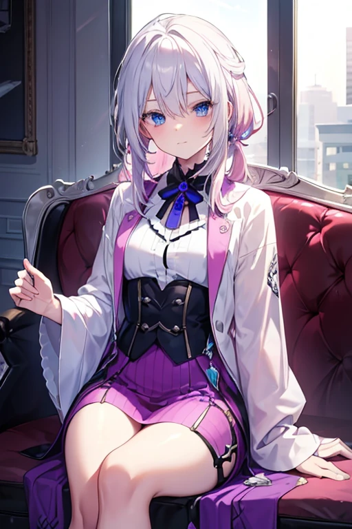 A white haired man with blue eyes is sitting with a pink haired queen with violet eyes