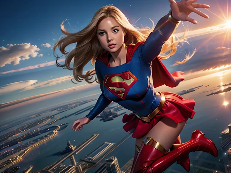 dc, supergirl, floating stand on sky, metropolis on back, dressing supergirl blue uniform, red mini skirt, red cape, red boots, blonde long hair, big round boobs, small waist, big hips, thick legs.