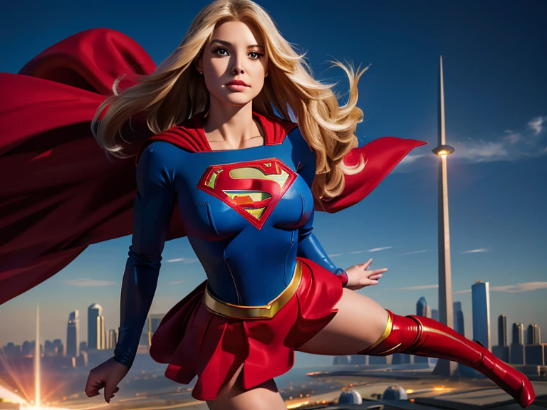 dc, supergirl, floating stand on sky, metropolis on back, dressing supergirl blue uniform, red mini skirt, red cape, red boots, blonde long hair, big round boobs, small waist, big hips, thick legs.