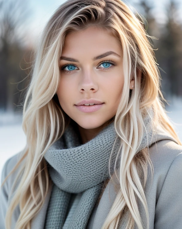 a model that are on a winter peisage, happy, dressed in winter sky chlothes, professional, (4k photo:1.1) (Sharp focus:1.3), high detail, beautiful detailed face and body, green eyes, long blonde hair, (attractive young woman:1.3), (seductive:1.1), (blushing:1.1), one girl, winter mood