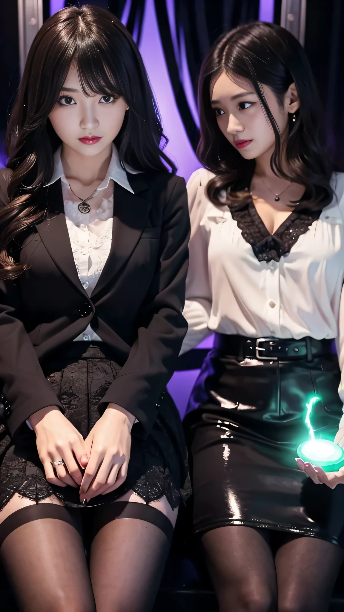 Super detailed、Japanese、charming beauty、Dainty woman、sharp eyes、cool girl、wavy hair、suit、Jacket、blouse、Tight Skirt、black pantyhose、evil female executive、evil depravity、brainwashing、Mind control、lacy fabric、Shiny legs、lipstick、have lip gloss、grin、邪evilなな表情、evil、empty eyes、邪evilな、reach out your hand、in the darkroom、lure、meanwhile、evil hypnotizing scene, With glowing magic effects, 2 girls, A girl hypnotizes another girl.