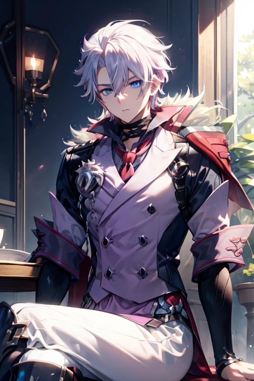 A white haired man with blue eyes is sitting with a pink haired queen with violet eyes