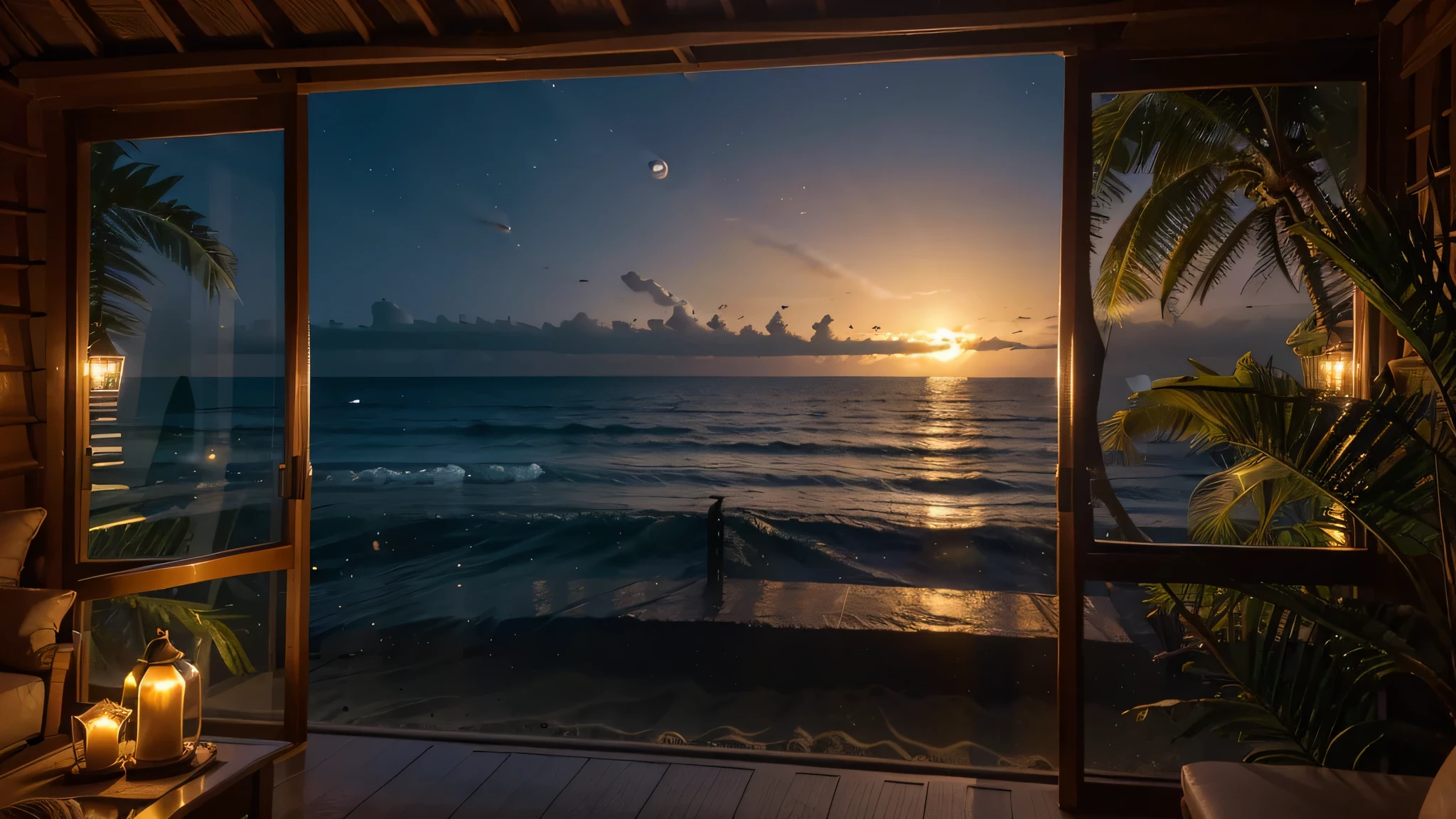 (best quality,4k,cinematic lighting,depth of field,backlighting:1.1),large nipa hut window looking out to the ocean with sands and waves, night view, full-moon, ultra-detailed, anatomically correct, Fujicolor, vibrant colors, realistic, soft light, tranquil atmosphere, relaxing vibes, beach landscape, warm tones