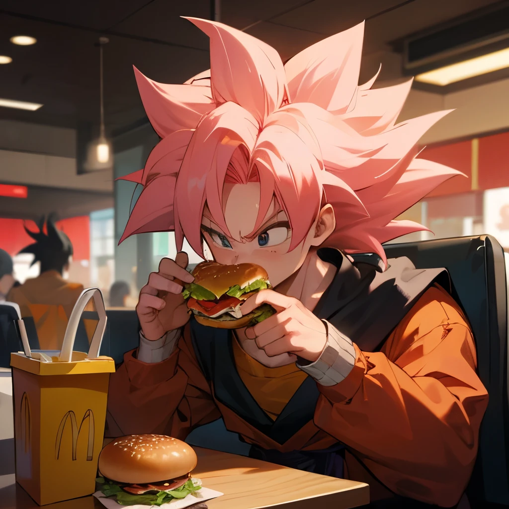 Dragon ball super, goku black, super saiyan rose, pink hair, at McDonald's, eating a big mac burger