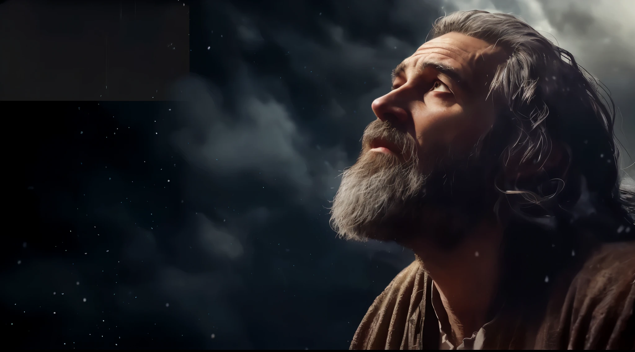 a close up of a man with a beard and a beard in the rain, holy man looking at ground, god looking at me, highly detailed vfx portrait, highly detailed vfx portrait of, men look up at the sky, moses, his mind contemplating eternity, kneeling and looking up, jesus face, looking upwards, an ancient male bearded face, face looking skyward