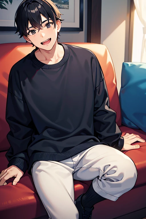 black hair,wearing a sweater,laughing,pointing finger