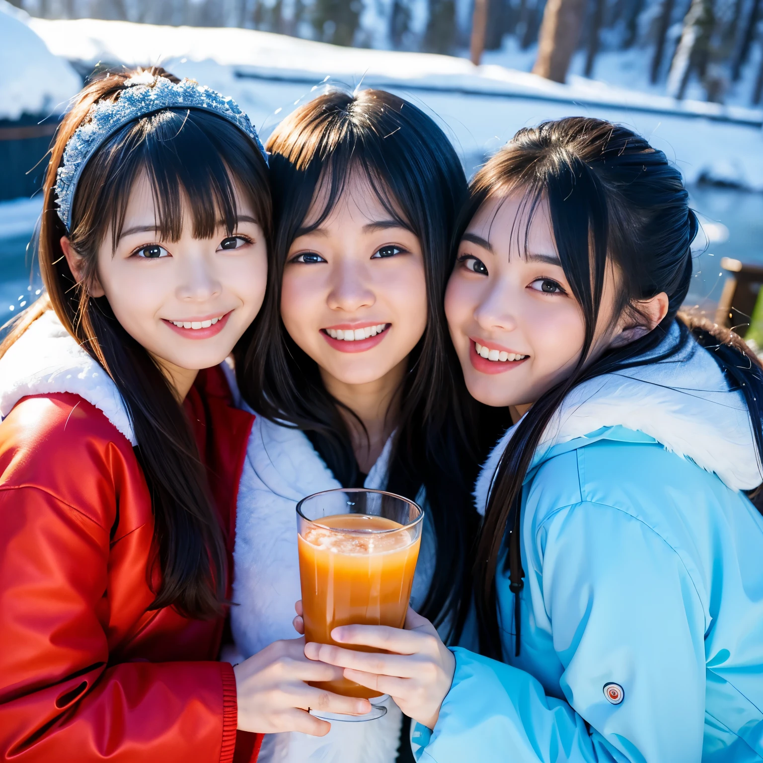 BEST-QUALITY, MASTERPIECE, ULTRA-HIGH-RESOLUTION, (PHOTOREALISTIC:1.4), RAW-PHOTO, ULTRA DETAILED, PERFECT-ANATOMYS,
at midnight, 3girls, all teenagers, all the most popular Japanese idols, having a lot of fun at drinking-party in heavy-snowy-mountain, from above, faces-focus, all completely drunk, all laughing out loud, all extremely cute faces like a Japanese famous idols, all extremely beautiful big-black-solid-circle-eyes, all extremely beautiful colorful-hair, all extremely beautiful white-skins, detailed heavy-snowy-mountain, detailed drinking-party