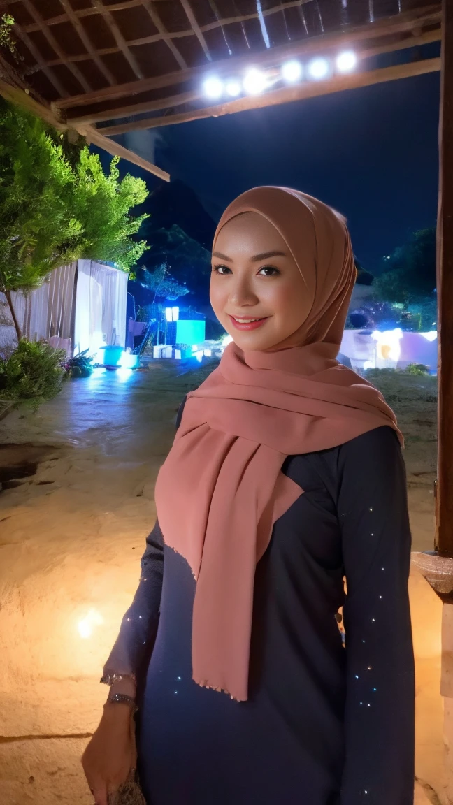 half body, a malay woman named mira is wearing shawl and transparent baju kurung, outdoor, sexy pose, starry sky, firm round breasts, seductive smile, at night in a malay village, blackout, a single candle light illuminates the room, no interior lighting, dark ambient, masterpiece, 8K, absurdres