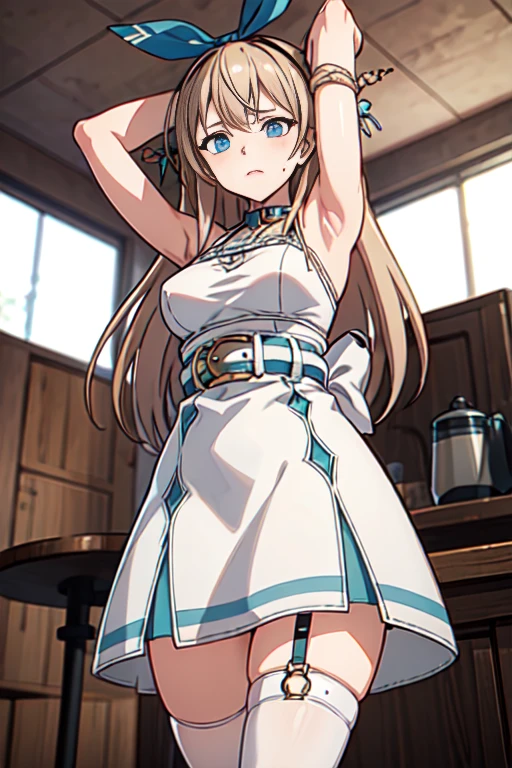 ((masterpiece)), ((best quality)), (ultra-detailed), NSFW, ((torture room)),(torture),(((single belt strongly bound waist))),a cute girl, 1girl, solo, (white lacy slip dress),(both wrists tied above the head using rope), (both wrists hung from the ceiling),((thin waist)),((bdsm)),beautiful pinkbrown hair, beautiful blue eyes, (beautiful eyes), long hair,troubled expression
