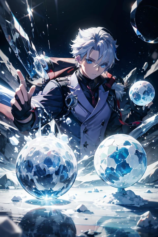 A white haired man with blue eyes is playing with a ball of ice