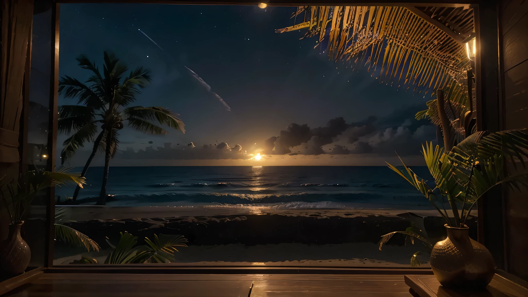 (best quality,4k,cinematic lighting,depth of field,backlighting:1.1),large nipa hut window looking out to the ocean with sands and waves, night view, full-moon, ultra-detailed, anatomically correct, Fujicolor, vibrant colors, realistic, soft light, tranquil atmosphere, relaxing vibes, beach landscape, warm tones