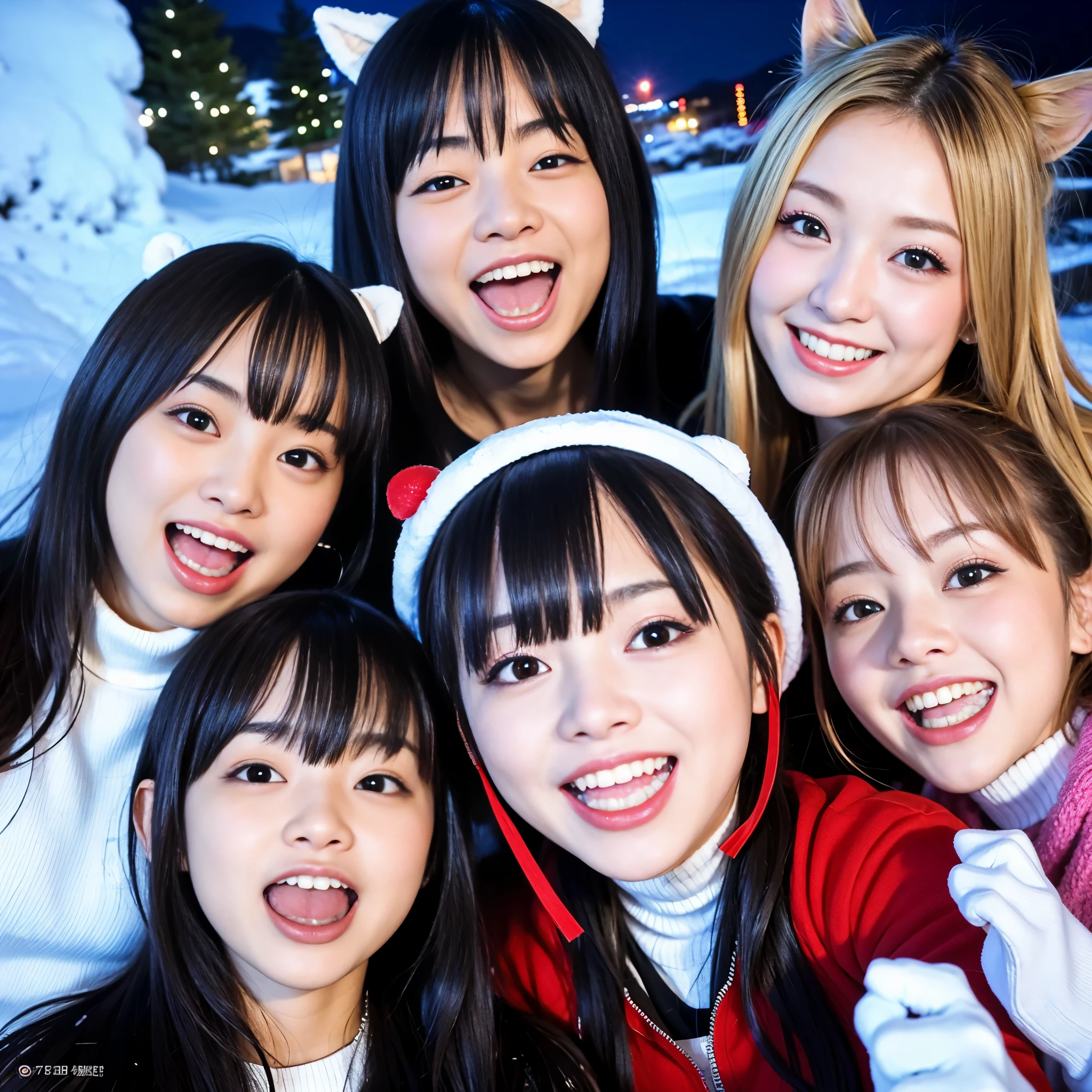 BEST-QUALITY, MASTERPIECE, ULTRA-HIGH-RESOLUTION, (PHOTOREALISTIC:1.4), RAW-PHOTO, ULTRA DETAILED, PERFECT-ANATOMYS,
at midnight, 3girls, all teenagers, all the most popular Japanese idols, having a lot of fun at drinking-party in heavy-snowy-mountain, from above, faces-focus, all completely drunk, all laughing out loud, all extremely cute faces like a Japanese famous idols, all extremely beautiful big-black-solid-circle-eyes, all extremely beautiful colorful-hair, all extremely beautiful white-skins, detailed heavy-snowy-mountain, detailed drinking-party