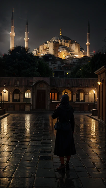 Foggy and rainy night street of Istanbul in the style of Edward Hooper, Hagia Sophia mosque, very realistic and detailed, mysterious and nostalgic atmosphere, photographic appearance, RAW style, photorealistic.
  Léxica.Art