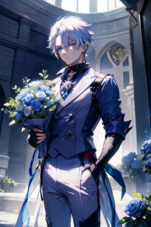 A white haired man with blue eyes is holding a blue roses