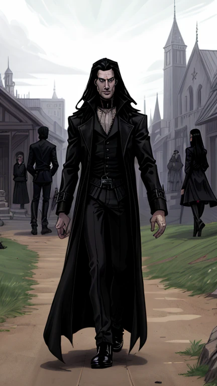arafed man in black coat walking down a dirt road, with his long black hair, wearing modern gothic clothes, with long black hair, goth style, he is wearing a black trenchcoat, gothic coat, with long dark hair, as a solomon kane, male vampire of clan banu haqim, gothic wearing, neo goth, gothic clothing