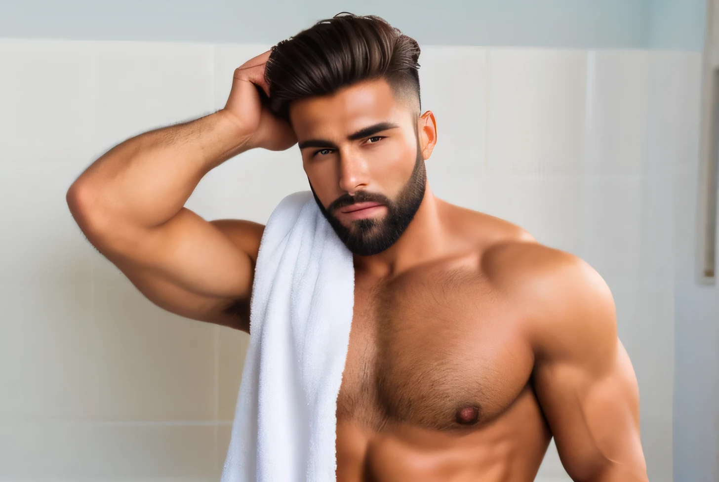 a close up of a man, wearing a towel, attractive male, handsome male, handsome and attractive, attractive man, lean man with light tan skin, well-groomed model, strong masculine features, handsome man, masculine and handsome, very attractive man with beard, hair floating covering chest, beautiful man, attractive and good looking