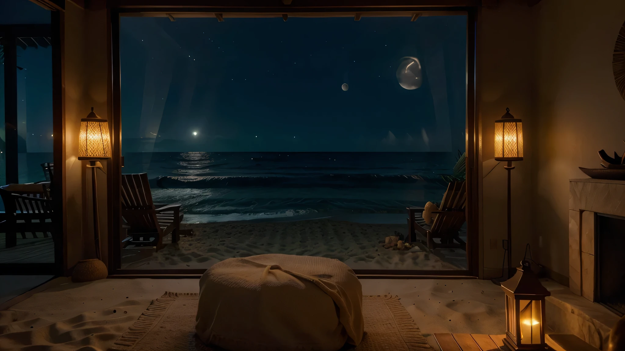 (best quality,4k,cinematic lighting,depth of field,backlighting:1.1),large nipa hut window looking out to the ocean with sands and waves, night view, full-moon, fireplace, soft lighting, ultra-detailed, anatomically correct, Fujicolor, vibrant colors, realistic, soft light, tranquil atmosphere, relaxing vibes, beach landscape, warm tones