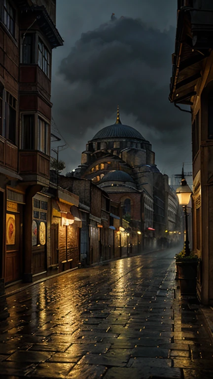 Foggy and rainy night street of Istanbul in the style of Edward Hooper, Hagia Sophia mosque, very realistic and detailed, mysterious and nostalgic atmosphere, photographic appearance, RAW style, photorealistic.
  Léxica.Art