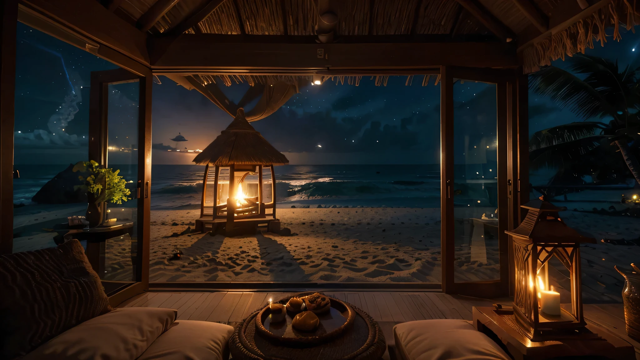 (best quality,4k,cinematic lighting,depth of field,backlighting:1.1),large nipa hut window looking out to the ocean with sands and waves, night view, full-moon, fireplace, soft lighting, ultra-detailed, anatomically correct, Fujicolor, vibrant colors, realistic, soft light, tranquil atmosphere, relaxing vibes, beach landscape, warm tones