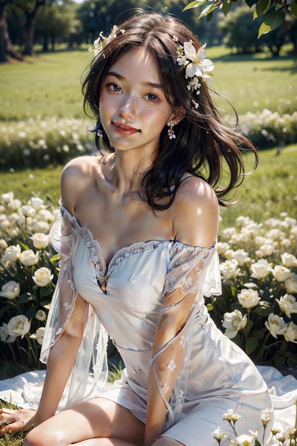 Best quality, masterpiece, ultra high res, (photorealistic:1.4), raw photo, 1girl, white dress, off shoulder, blossom flower field, glowing skin, light smile