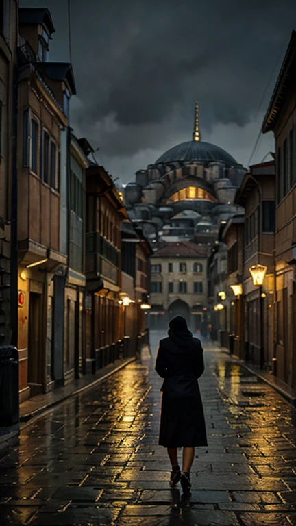 Foggy and rainy night street of Istanbul in the style of Edward Hooper, Hagia Sophia mosque, very realistic and detailed, mysterious and nostalgic atmosphere, photographic appearance, RAW style, photorealistic.
  Léxica.Art