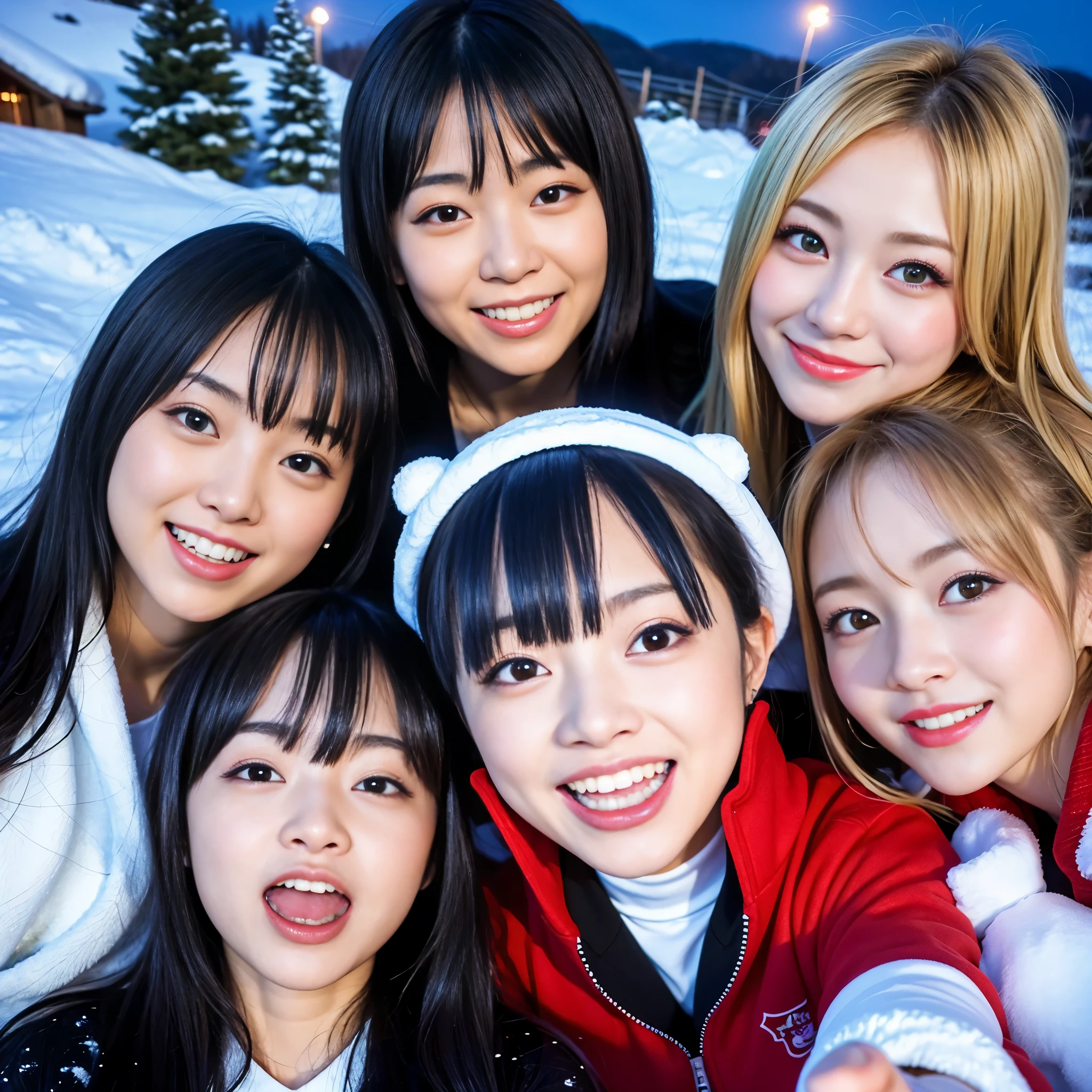 BEST-QUALITY, MASTERPIECE, ULTRA-HIGH-RESOLUTION, (PHOTOREALISTIC:1.4), RAW-PHOTO, ULTRA DETAILED, PERFECT-ANATOMYS,
at midnight, 3girls, all the most popular Japanese idols, at drinking-party in heavy-snowy-mountain, from above, faces-focus, all completely drunk, all laughing out loud, all extremely cute faces like a Japanese famous idols, all extremely beautiful big-black-solid-circle-eyes, all extremely beautiful colorful-hair, all extremely beautiful white-skins, detailed heavy-snowy-mountain, detailed drinking-party