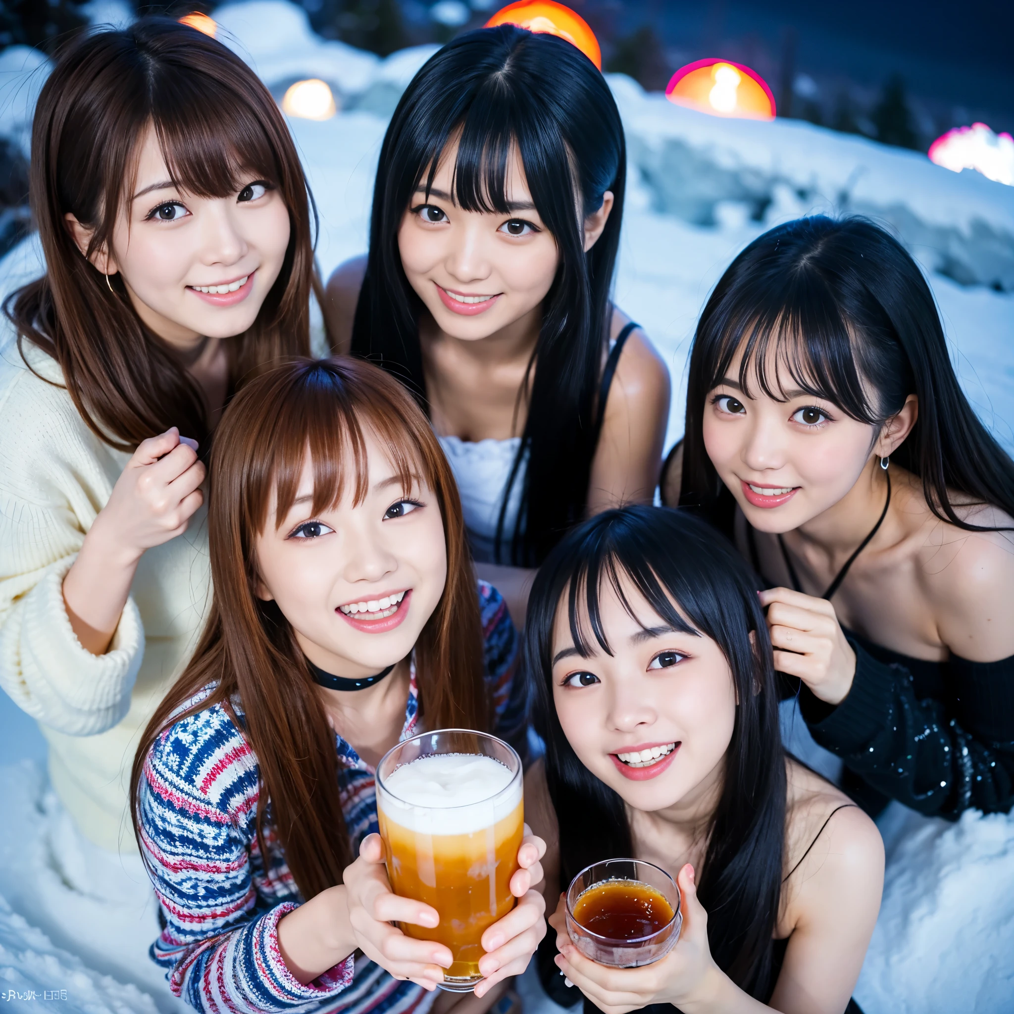 BEST-QUALITY, MASTERPIECE, ULTRA-HIGH-RESOLUTION, (PHOTOREALISTIC:1.4), RAW-PHOTO, ULTRA DETAILED, PERFECT-ANATOMYS,
at midnight, 3girls, all the most popular Japanese idols, at drinking-party in heavy-snowy-mountain, from above, faces-focus, all completely drunk, all laughing out loud, all extremely cute faces like a Japanese famous idols, all extremely beautiful big-black-solid-circle-eyes, all extremely beautiful colorful-hair, all extremely beautiful white-skins, detailed heavy-snowy-mountain, detailed drinking-party