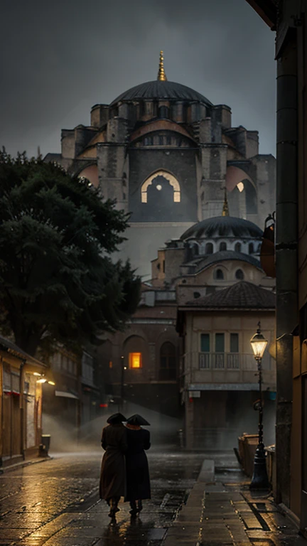 Foggy and rainy night street of Istanbul in the style of Edward Hooper, Hagia Sophia mosque, Türkish Flag, very realistic and detailed, mysterious and nostalgic atmosphere, photographic appearance, RAW style, photorealistic.
  Léxica.Art