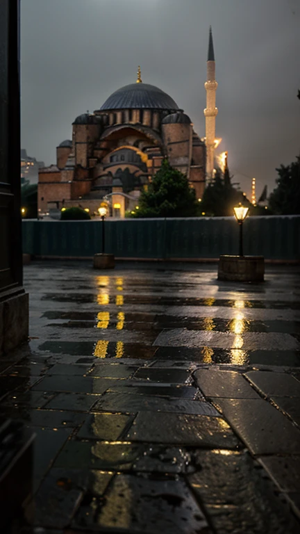 Foggy and rainy night street of Istanbul in the style of Edward Hooper, Hagia Sophia mosque, Türkish Flag, very realistic and detailed, mysterious and nostalgic atmosphere, photographic appearance, RAW style, photorealistic.
  Léxica.Art