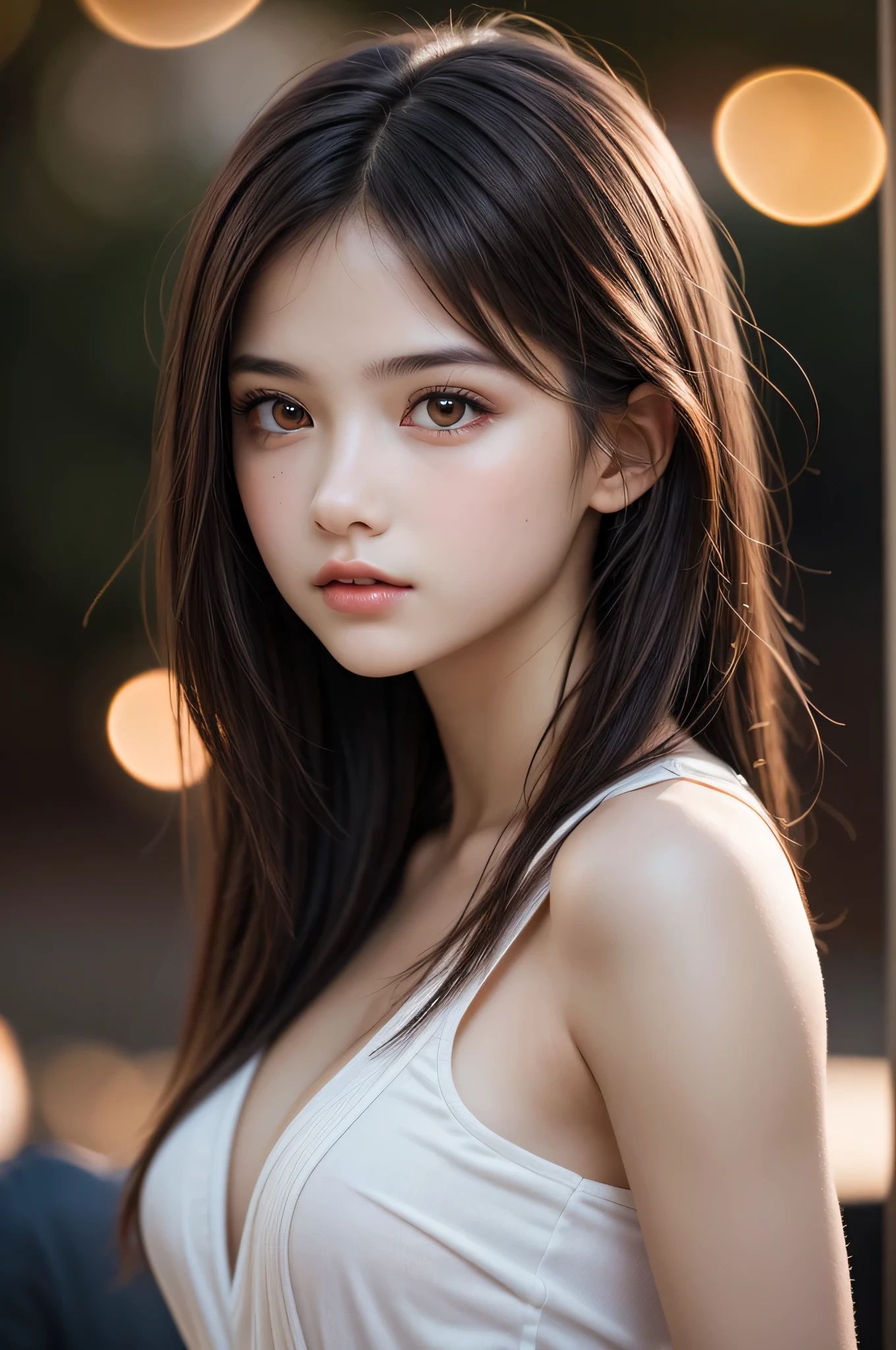 (best quality), (ultra-detailed), (llustration), (detailed light), (an extremely delicate and beautiful), 1young girl, brown hair, brown eyes, model, bare shoulders, best quality, extremely detailed CG unified 8k wallpaper, High-definition raw color photos, professional photograpy, (((Bokeh))), depth of fields, twilight, sunset,