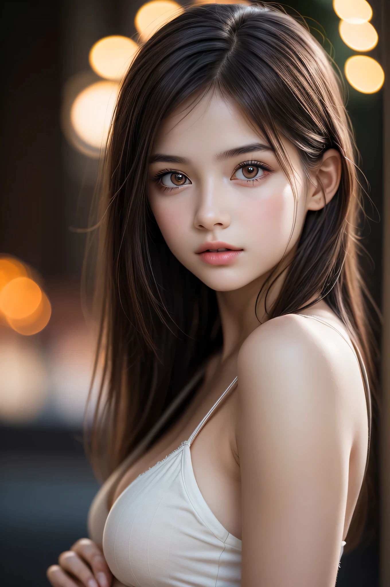 (best quality), (ultra-detailed), (llustration), (detailed light), (an extremely delicate and beautiful), 1young girl, brown hair, brown eyes, model, bare shoulders, best quality, extremely detailed CG unified 8k wallpaper, High-definition raw color photos, professional photograpy, (((Bokeh))), depth of fields, twilight, sunset,