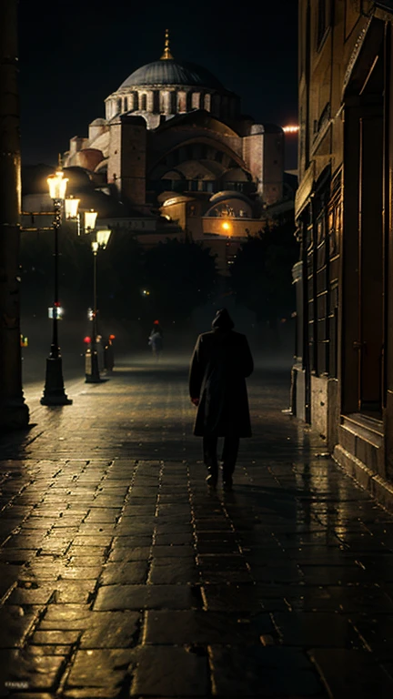 Foggy and rainy night street of Istanbul in the style of Edward Hooper, Hagia Sophia mosque, Turkish Flag, very realistic and detailed, mysterious and nostalgic atmosphere, photographic appearance, RAW style, photorealistic.
Léxica.Art