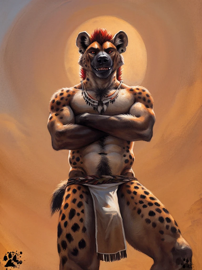 solo, anthro, Gnoll, male, red mane, muscular, sexy, lustful expression, shaggy fur, thick fur, hyena tail, long penis shaft visible under tribal loincloth, tribal clothing, realistic clothing, standing, crossed arms, realistic fur, detailed eyes, symmetrical eyes, large eyes, detailed background, sahara desert background, dusk, realistic, photorealistic, ultra realistic, 8k, (super low camera angle), (by blotch), ((looking at you)),